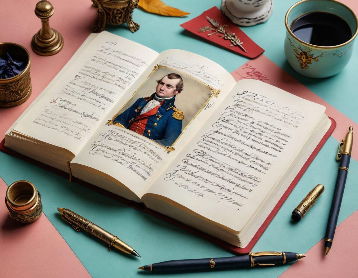 A beautifully crafted online diary interface featuring elegant handwriting and vibrant illustrations of Napoleon, surrounded by historical elements symbolizing self-expression such as quills, inkpots, and ornate inked pages. The scene should convey a sense of creativity and introspection, with hints of vintage aesthetics and modern technology. super-realistic. vibrant colors. soft pastel background.