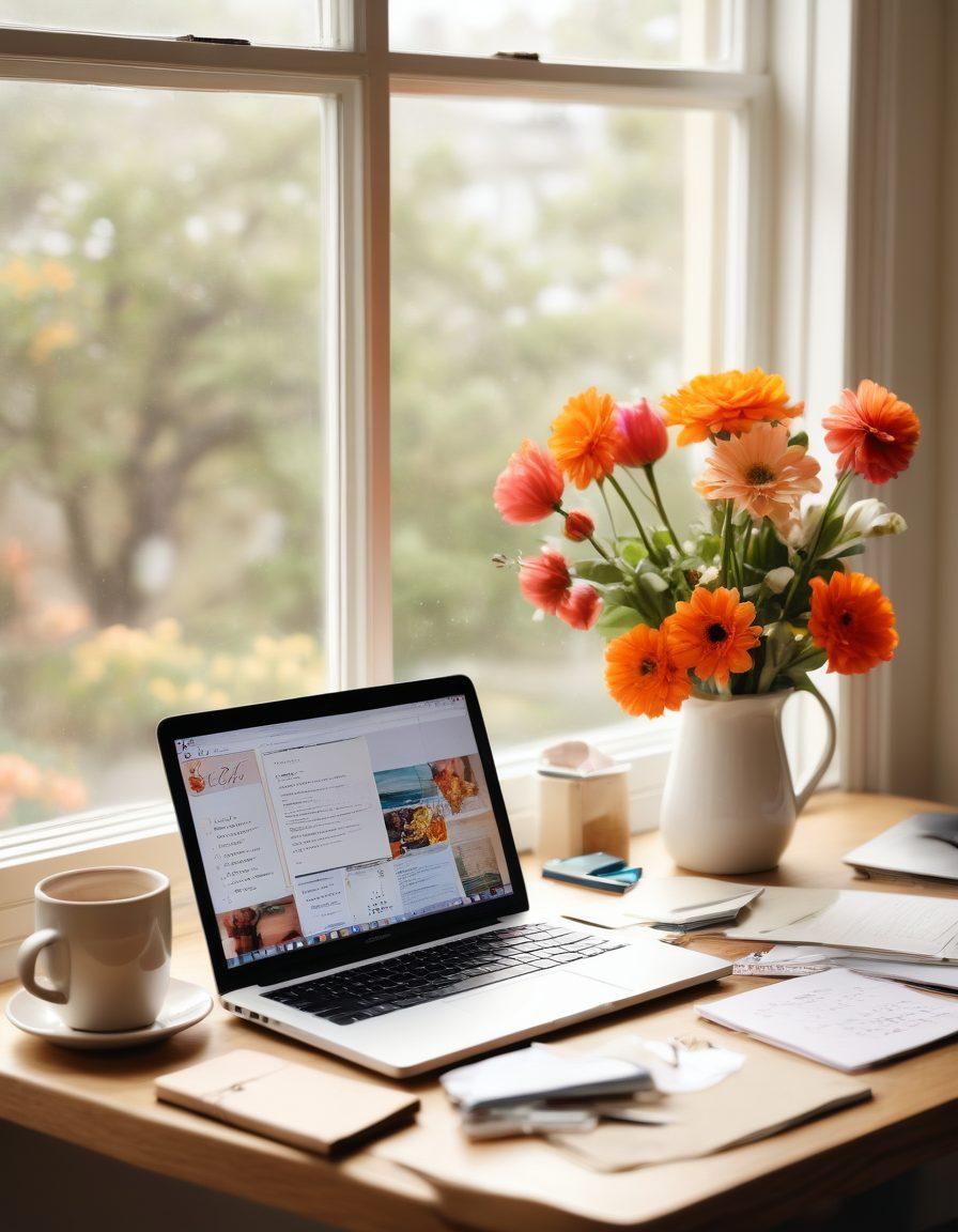 An inviting workspace with a laptop open to a blog homepage showcasing personal stories, surrounded by handwritten notes, a steaming coffee mug, and fresh flowers that symbolize creativity. A soft afternoon light filters through a nearby window, creating a warm atmosphere. Include elements like colorful stationery and inspirational quotes pinned on a corkboard in the background. super-realistic. warm colors. soft focus.