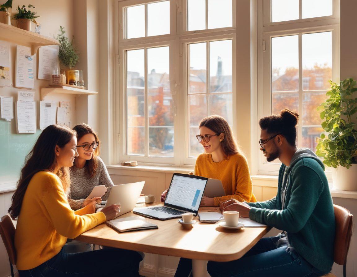 A vibrant scene depicting a diverse group of aspiring bloggers in a cozy café, passionately discussing and typing on laptops, surrounded by notebooks and coffee cups. The walls are adorned with inspirational quotes about storytelling, and a large window shows a sunny day outside. Soft lighting casts a warm glow, creating an inviting atmosphere for creativity. vector art. bright colors. cozy setting.